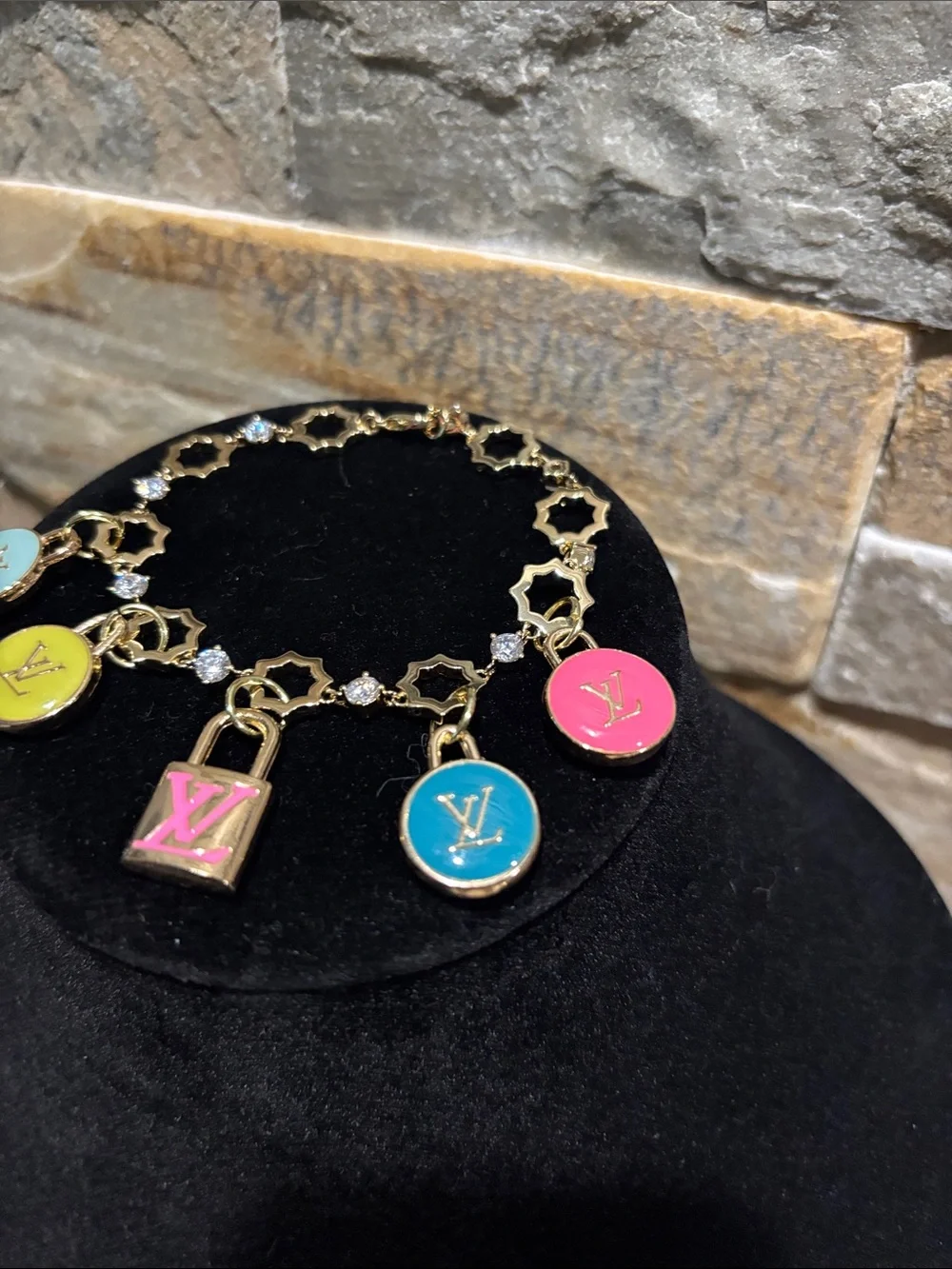 Gold Charm Bracelet with Pink, Blue, Yellow & Lime LV charms - Picture 2 of 5